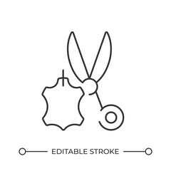 Leather piece and scissors line icon. Tailor workshop making dresses of cowhide materials. Sewing atelier. Isolated vector illustration. Outline symbol. Simple linear drawing. Editable stroke