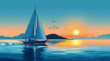 Naklejka premium Sailboat on Calm Ocean with Clouds