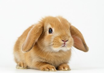 Close up portrait of a fluffy brown lop eared bunny rabbit on a plain white background looking forward