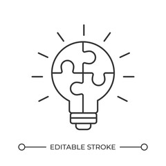 Innovative tasks solutions line icon. Lightbulb with jigsaw puzzle glowing. Insight sharing. Alternative ideas. Isolated vector illustration. Outline symbol. Simple linear drawing. Editable stroke