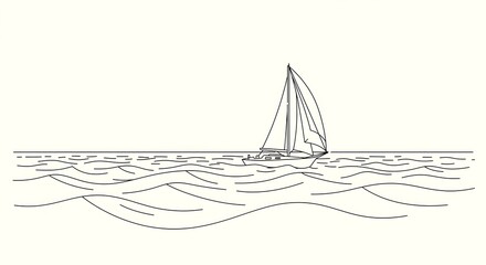 Sailboat Sailing on Ocean Waves Line Art Nautical Travel Illustration