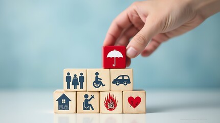 Hand holding umbrella wood block cover Insurance icon,top of wooden blocks that represent different forms of insurance, such as health, family, and car protection.