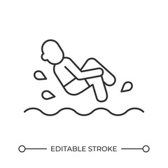 Man jumping in water line icon. Bathing in calm sea on summer vacation. Beach day activity. Swimming pool. Isolated vector illustration. Outline symbol. Simple linear drawing. Editable stroke