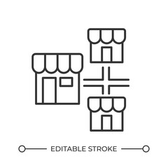 Network franchise line icon. Connections between businesses. Local shops infrastructure. Commercial projects. Isolated vector illustration. Outline symbol. Simple linear drawing. Editable stroke