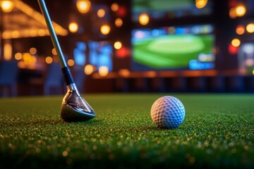 Golf club and ball on putting green, indoor sports bar