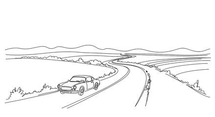 Fototapeta premium Car Driving on Winding Road Through Landscape Single Line Drawing