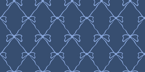 Fototapeta premium Seamless Coquette trellis pattern with blue Bows and Ribbons. Coquette wallpaper print template design. Endless background for textile fabric wrapping paper print. Vector illustration. EPS 10
