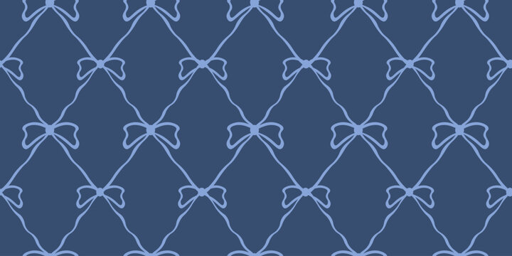 Seamless Coquette trellis pattern with blue Bows and Ribbons. Coquette wallpaper print template design. Endless background for textile fabric wrapping paper print. Vector illustration. EPS 10