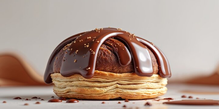 Delicious chocolate danish pastry with glossy sweet rich glaze close up.