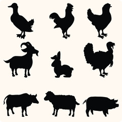 Silhouette Farm Animals: A collection of meticulously crafted animal silhouettes, depicting a diverse array of farm creatures in a minimalist black and white format.