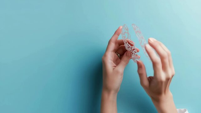 Two hands are holding and examining a clear, plastic dental aligner against a solid blue background.