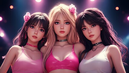 Virtual stage three stylish characters highlighting modern fashion trends through digital art