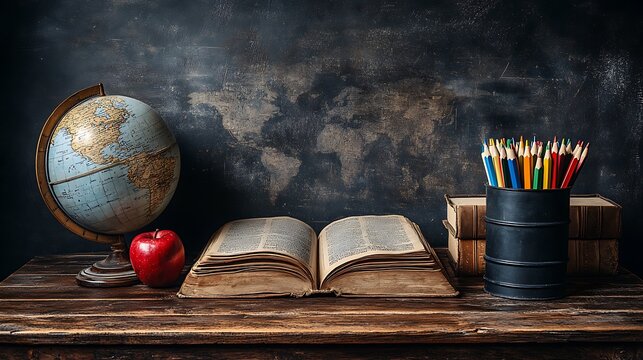 The Essence of Education: A rustic wooden desk laden with an open book, a globe, a bright red apple, and colored pencils, all set against a weathered chalkboard background. - Powered by Adobe