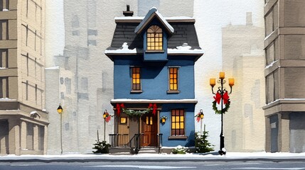 Blue house, decorated with festive holiday wreaths, on snowy street