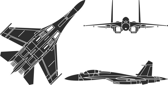 Set of icons of the Su-27 aircraft isolated in black, icons of the combat aircraft top, front and side view