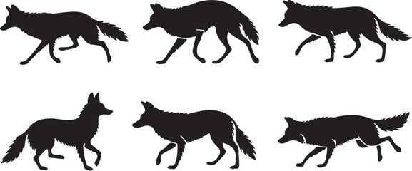Fox Silhouettes Collection - A Striking Array of Black Fox Designs Featuring Various Walking Poses Perfect for Illustrations, Logos, and Wildlife Projects