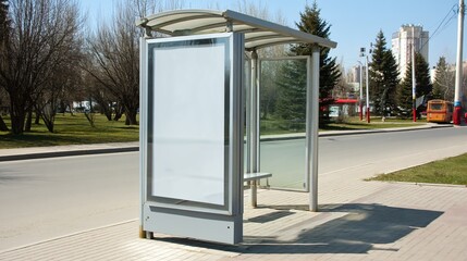 Close-up of a blank white billboard near a bus stop, sunny urban afternoon, clear shadows, modern aesthetic