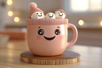 A cute pink mug with a smiling face contains marshmallows wearing cozy hats, creating a heartwarming winter scene.