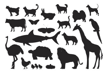 Comprehensive Animal Silhouettes Collection – Featuring Diverse Designs of Dogs, Cats, Cows, Sheep, Giraffes, Sharks, and More for Illustrations, Logos, and Educational Use.