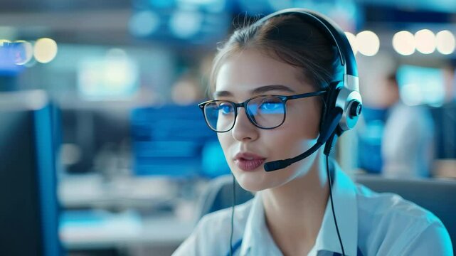 A young woman with light brown hair pulled back, wearing glasses and a headset with a microphone, appears to be speaking while working on a computer
