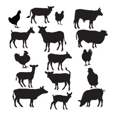 Farm Animal Silhouettes Collection - A Diverse Array of Black Farm Animal Designs Featuring Cows, Chickens, Goats, Pigs, and More Perfect for Illustrations, Logos, and Agricultural Projects.