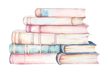 stack of watercolor-painted books in soft pastel colors showcasing their spines and pages conveying a sense of calm and inviting exploration of literature