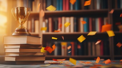 A trophy shines on top of stacked books, surrounded by falling confetti, in a warm, inviting library filled with books