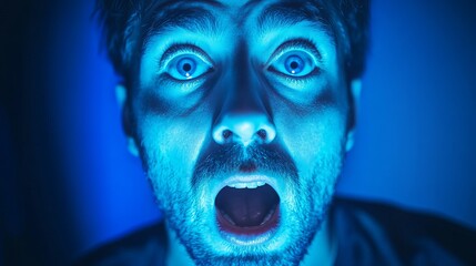 Close up of a man's face with wide eyes and open mouth illuminated by blue light in the dark
