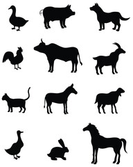 Farm Animal Silhouettes Collection - A Diverse Range of Black Animal Designs Featuring Ducks, Cows, Dogs, Cats, Horses, and More for Illustrations and Agricultural Projects.