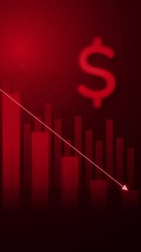 Financial trading graph with candlestick chart on dark red digital background ,downtrend dollar price decrease investment background animation portrait