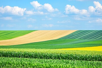 Naklejka premium Lush Green Fields Under a Bright Blue Sky with White Clouds
