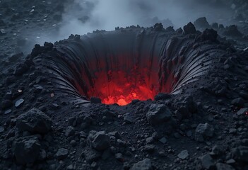 Fiery abyss: a dramatic geological formation amidst smoke and volcanic landscape