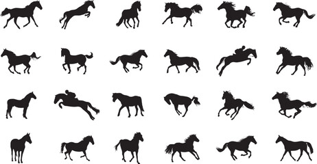 Horse Silhouettes Collection - A Dynamic Range of Black Horse Designs Perfect for Illustrations, Logos, and Equestrian Projects Featuring Various Poses and Movements for Horse Lovers.