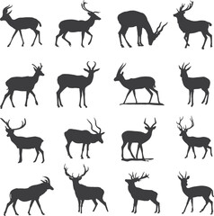 Deer Silhouettes Collection - A Diverse Array of Black Deer Designs Perfect for Illustrations, Logos, and Wildlife Projects Featuring Various Poses and Stances for Nature Enthusiasts.