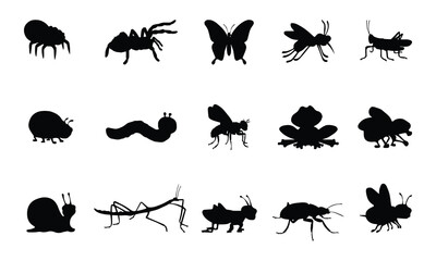 Fototapeta premium Insect and Arachnid Silhouettes Collection - Featuring Spider, Butterfly, Ant, Grasshopper, Snail, and More for Illustrations, Logos, and Nature Projects