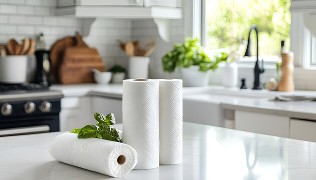 Rolls of paper towels on white marble countertop in kitchen