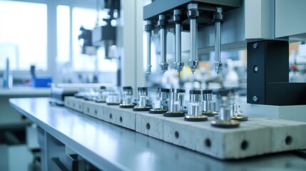 A professional grade laboratory featuring digital strain gauges measuring load distribution on industrial grade reinforced concrete samples