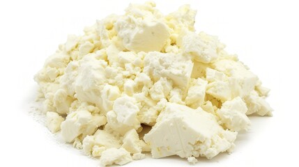 An appealing display of feta cheese is attractively presented. The feta cheese, a well - known Greek cheese, features white, creamy blocks