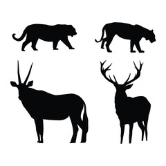 Wild Animal Silhouettes Collection - Featuring Tiger, Lion, Antelope, and Deer for Illustrations, Logos, and Nature Projects