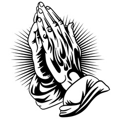 Bold black and white vector illustration of praying hands with a burst of radiating lines. Ideal for religious themes, tattoos, or graphic design projects.