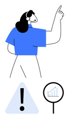 Woman gesturing upwards, triangular alert with exclamation mark, magnifying glass on graph. Ideal for decision-making, problem-solving, attention to detail, caution, analytics, focus leadership
