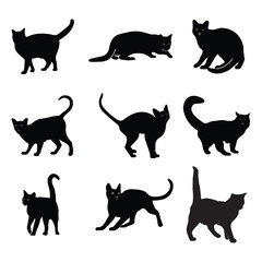 A creative collection of black cat silhouettes in various poses. Perfect for logos, pet-themed illustrations, and animal-related graphic design projects. Vector and fully editable.