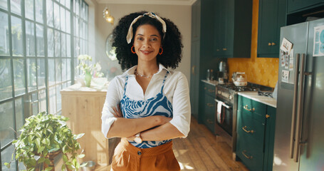 Portrait, smile and woman with arms crossed at house for morning start, fashion weekend break and...