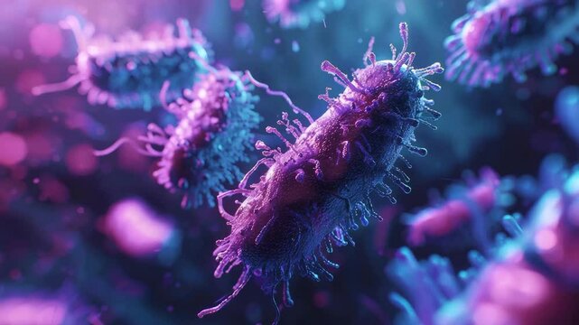 A microscopic view of several rod-shaped bacteria, possibly E. coli or Salmonella given their morphology and the context of microbiology, with flagella-like structures extending from their surfaces