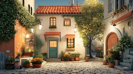 Fototapeta premium Charming cobblestone alley with vibrant plants and rustic architecture at dusk in a picturesque village