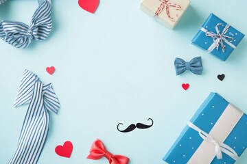 A heartwarming Father's Day tribute featuring charming gifts, stylish bows, and a playful mustache on a pastel blue background.
