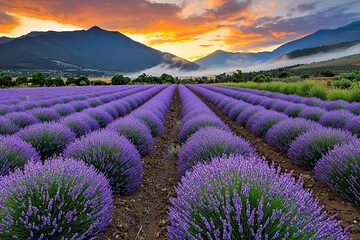 Fototapeta premium Stunning Lavender Field with Majestic Mountains and Vibrant Sunset