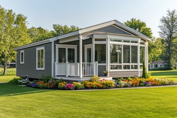Modern modular home with covered porch and sunroom.  Well-maintained exterior,  landscaped yard