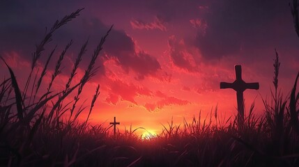 Two crosses in a field at sunset with tall grass and a vibrant red and purple sky with clouds