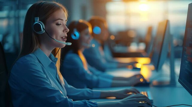 A woman with long light brown hair, possibly Caucasian, wearing a headset with a microphone, is working on a computer in what appears to be a customer service or call center environment